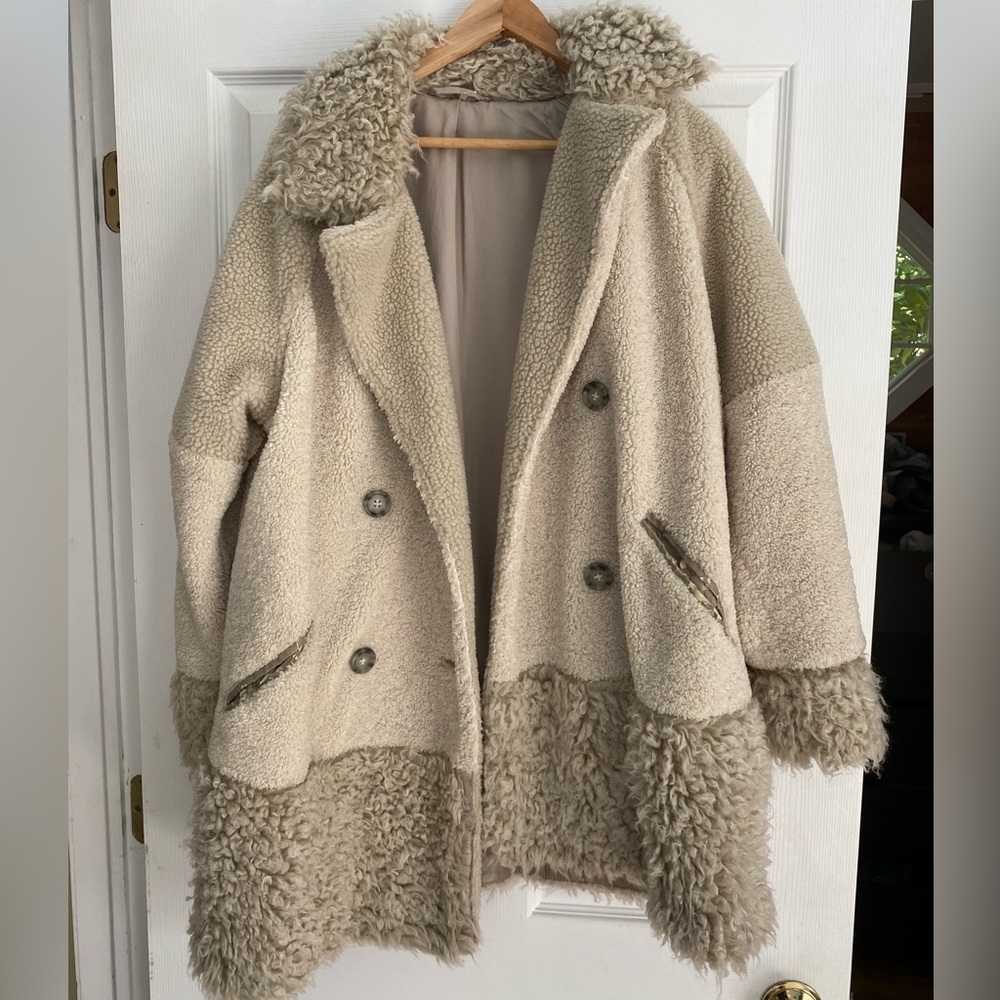 Free People Button Down Two Tone Teddy Coat